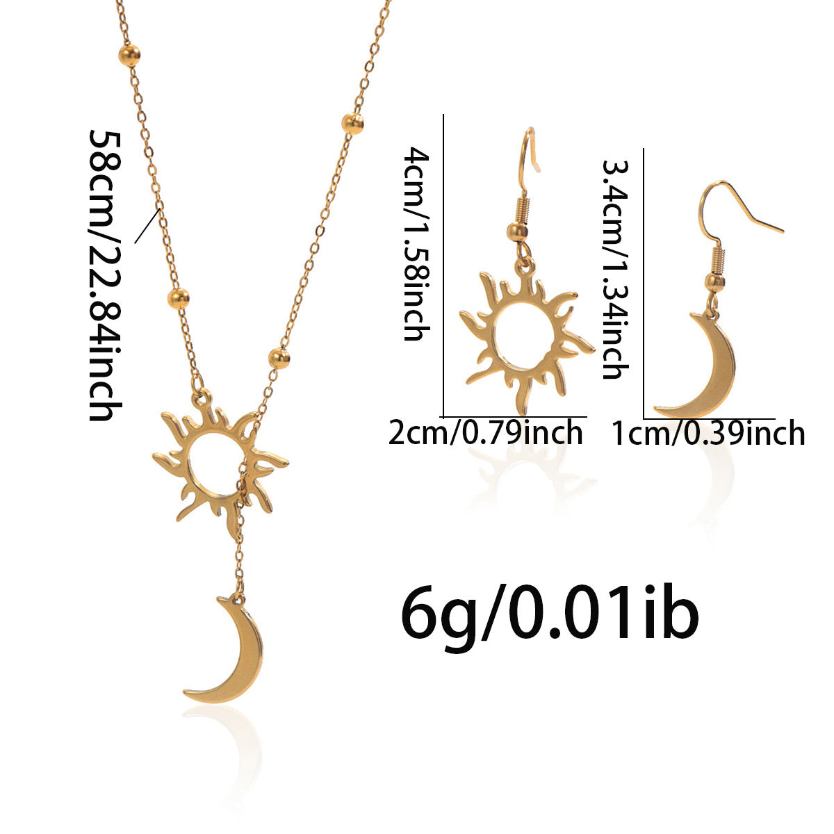 Lxalry 18K Gold Plated Stainless Steel Sun And Moon Pendant Necklace And Hoop Earrings Set For Women