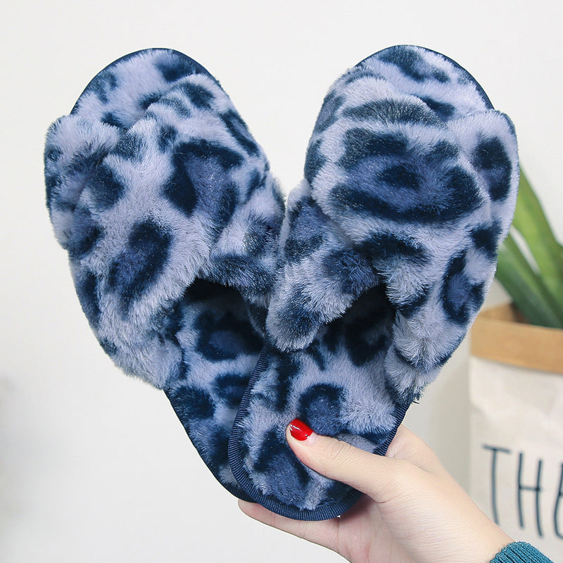 Cross-strap Fuzzy Slippers Leopard Plush House Shoes For Women