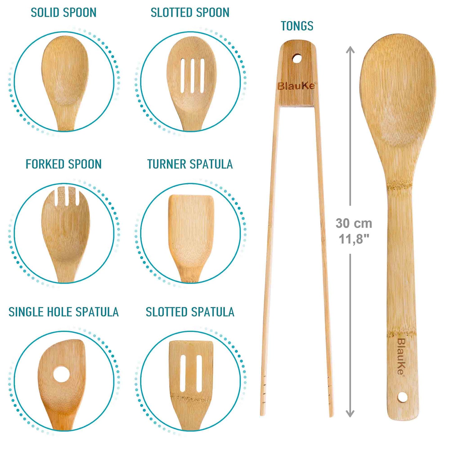 Wooden Spoons for Cooking 7-Pack - Bamboo Kitchen Utensils Set for