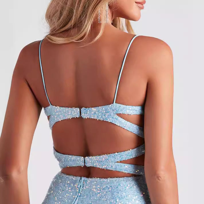 Flashing Sequ Sling Mini Dress Sexy Hip Bag Slim Fit Backless Tube Top