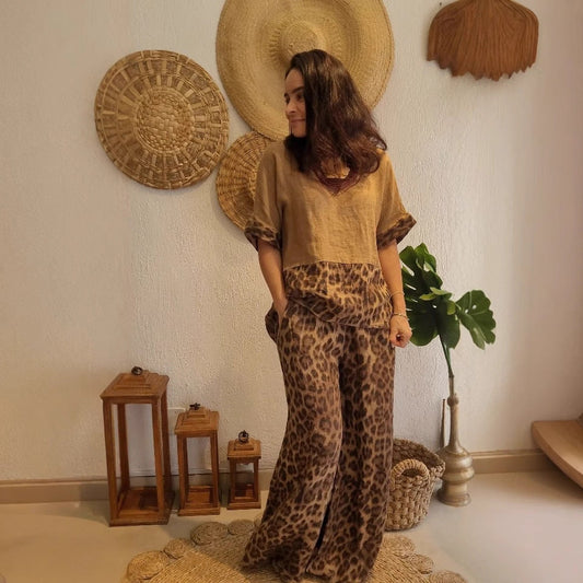 Women Clothing Loose Stitching Short Sleeve Top High Waist Wide Leg