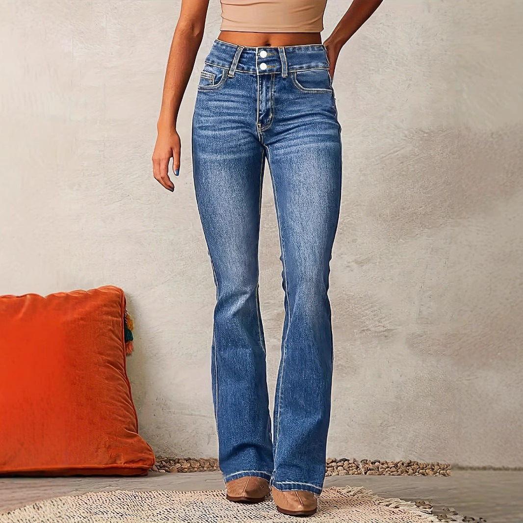 Skinny Flared Jeans With Pockets Fashion Button Zipper Trousers