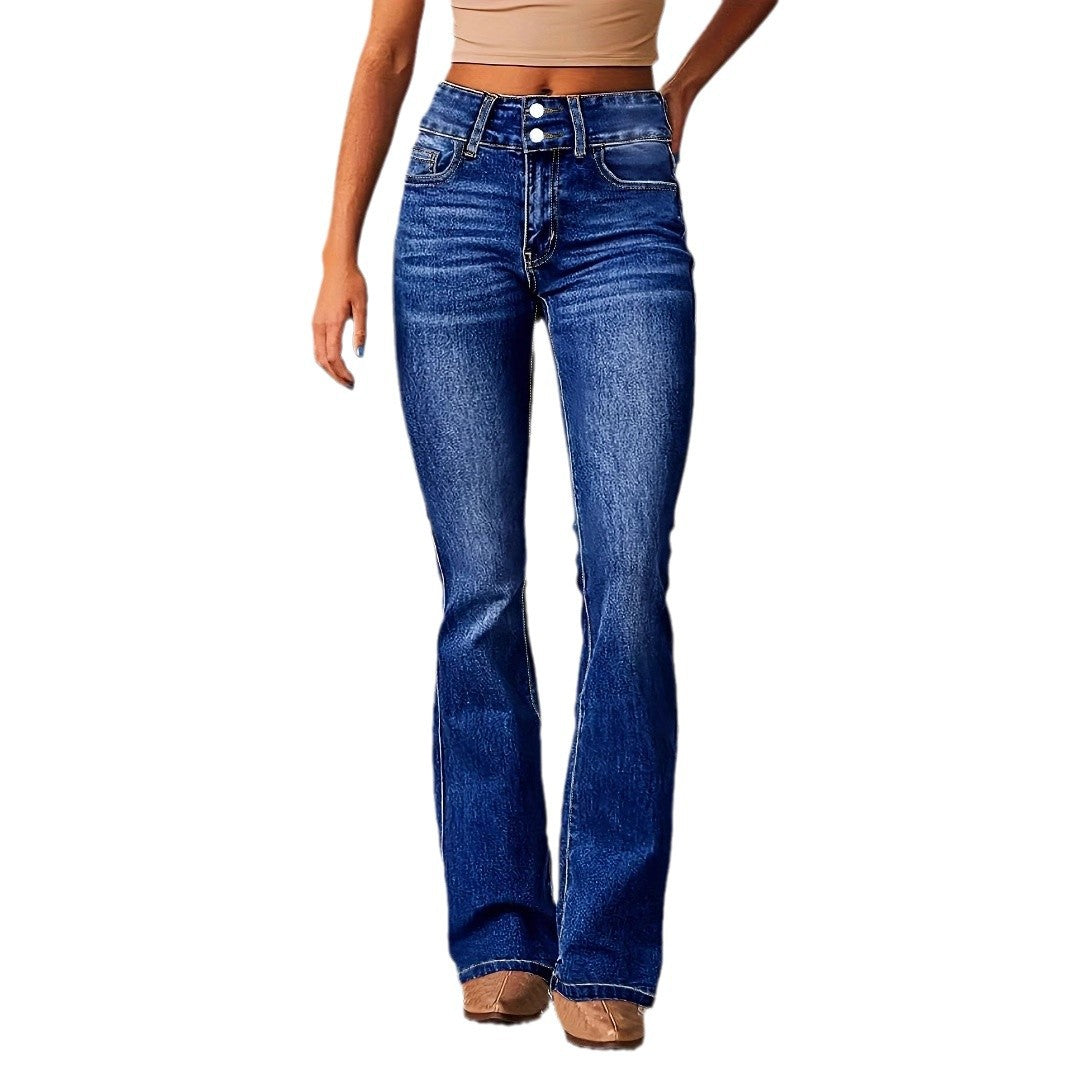 Skinny Flared Jeans With Pockets Fashion Button Zipper Trousers