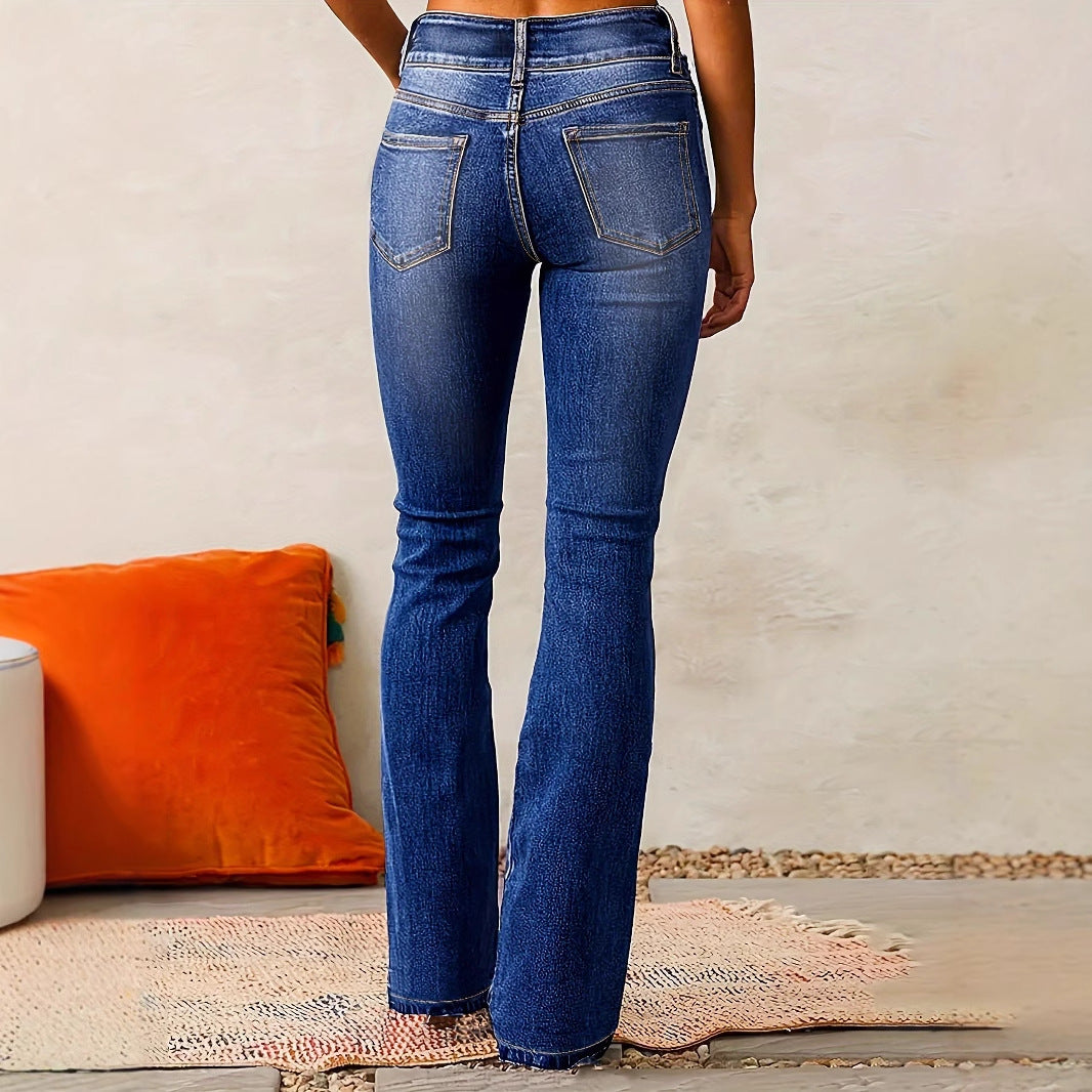 Skinny Flared Jeans With Pockets Fashion Button Zipper Trousers