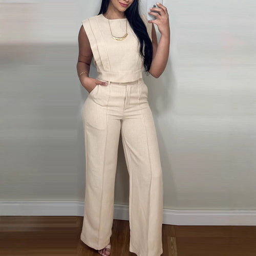 Summer Sleeveless Suit Fashion Round Neck Vest Top And Pocket Straight