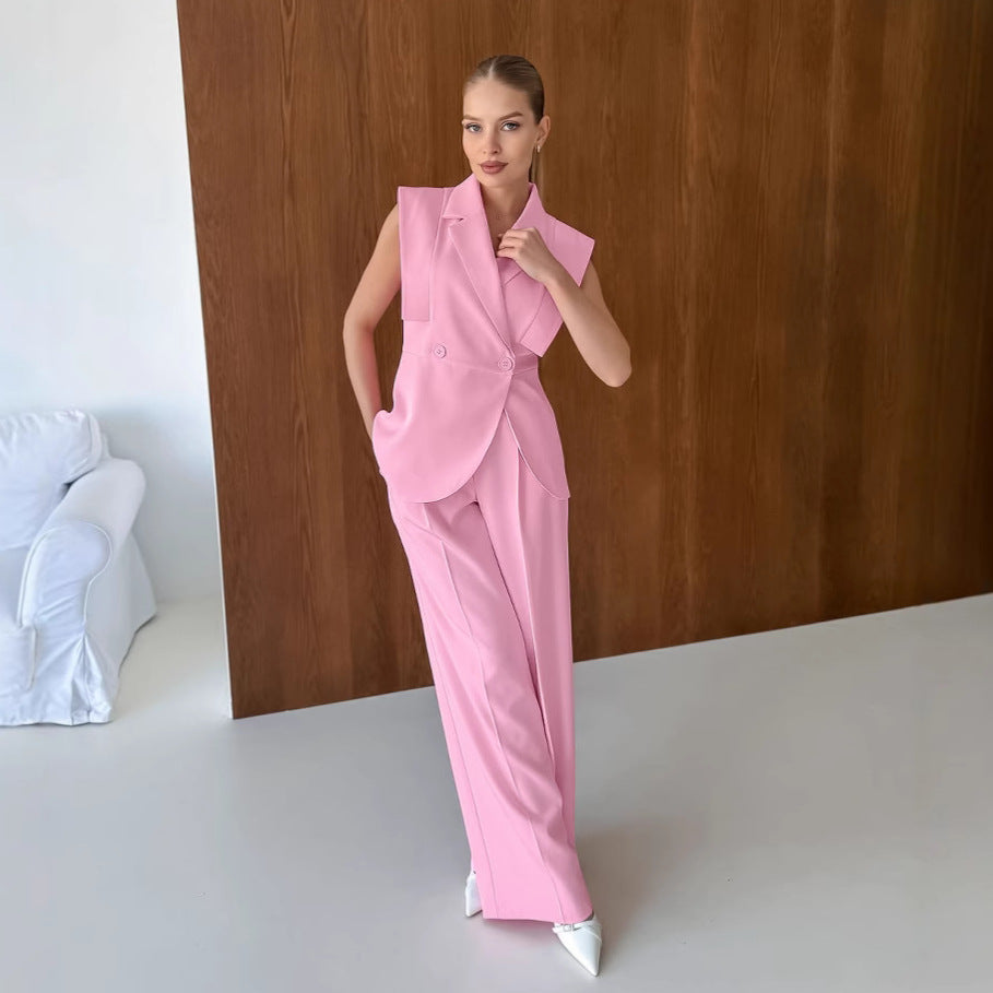Pink Gentle Sleeveless Collar Loose Fitting Waistcoat High Waist