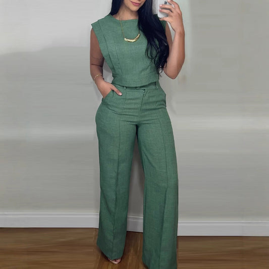 Summer Sleeveless Suit Fashion Round Neck Vest Top And Pocket Straight
