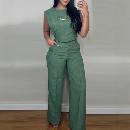 Summer Sleeveless Suit Fashion Round Neck Vest Top And Pocket Straight