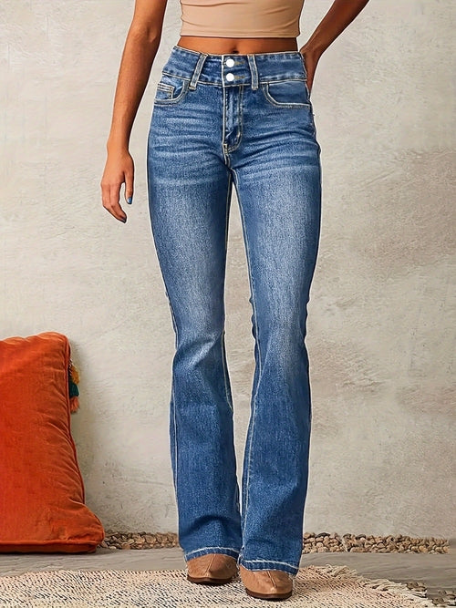Skinny Flared Jeans With Pockets Fashion Button Zipper Trousers
