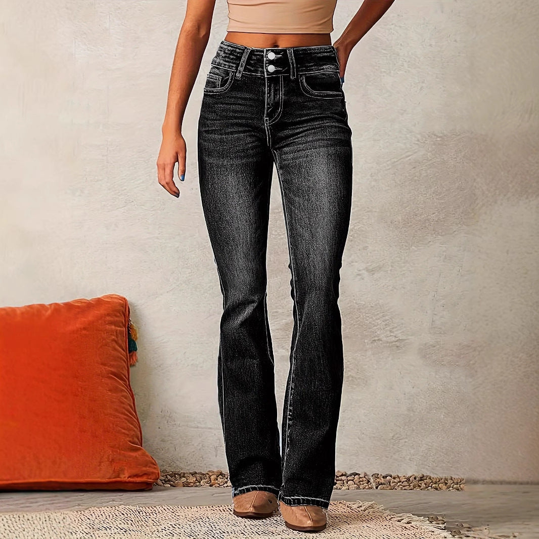 Skinny Flared Jeans With Pockets Fashion Button Zipper Trousers