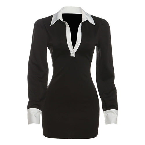 Women Clothing Autumn Elegant Contrast Color Slim Fit Sheath Collared