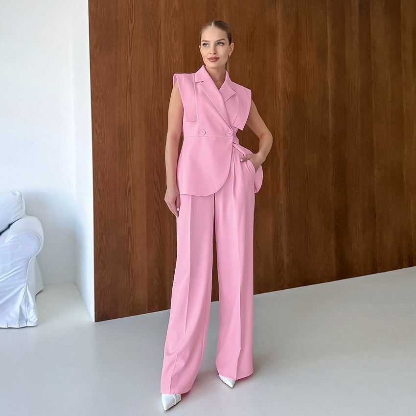 Pink Gentle Sleeveless Collar Loose Fitting Waistcoat High Waist