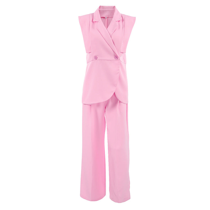 Pink Gentle Sleeveless Collar Loose Fitting Waistcoat High Waist