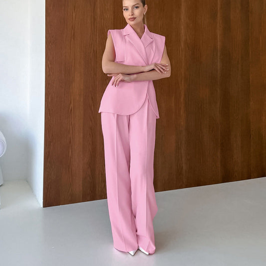Pink Gentle Sleeveless Collar Loose Fitting Waistcoat High Waist