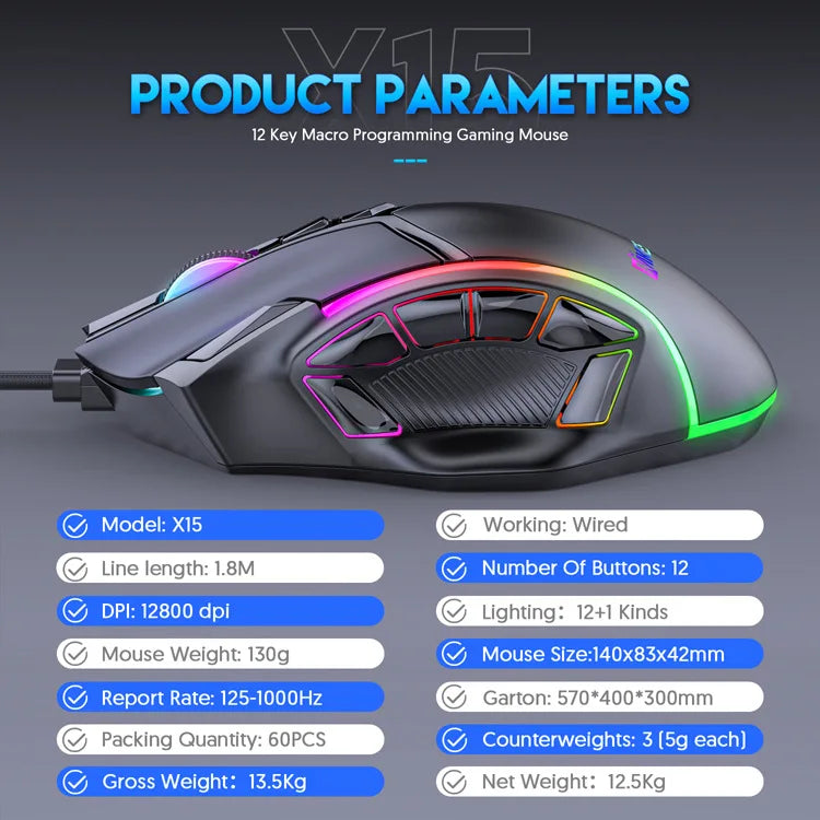 12800DPI Free Weight Macro RGB Gaming Mouse 12 Programmable Keys Game