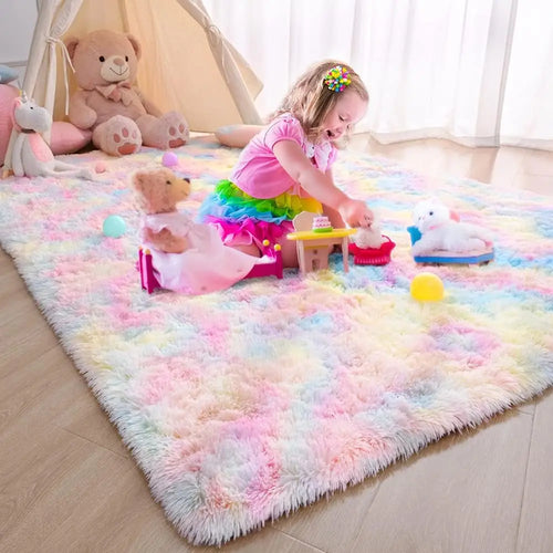 Plush Carpet Living Room Sofa Coffee Table Rug Green Pink Fluffy Soft