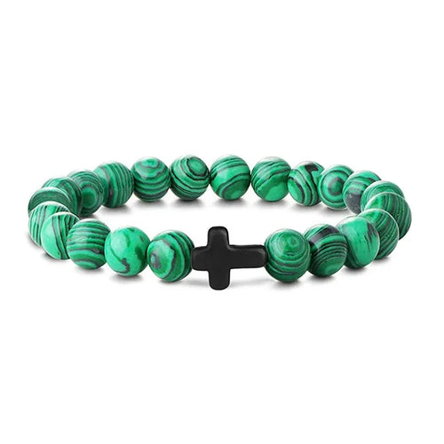 Prayer Men Natural Stone Wood Beads Rosary Hematite Cross Bracelets