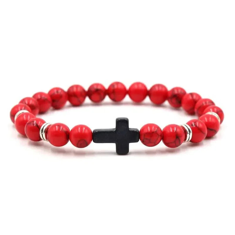 Prayer Men Natural Stone Wood Beads Rosary Hematite Cross Bracelets