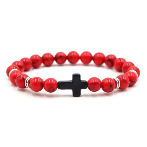 Prayer Men Natural Stone Wood Beads Rosary Hematite Cross Bracelets