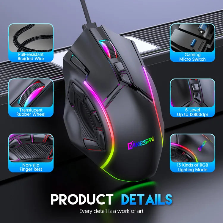 12800DPI Free Weight Macro RGB Gaming Mouse 12 Programmable Keys Game
