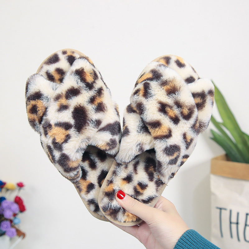 Cross-strap Fuzzy Slippers Leopard Plush House Shoes For Women