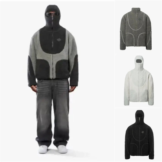 Men's Fashion Lamb Wool Hooded Zipper Coat Sweatshirt Patchwork Line