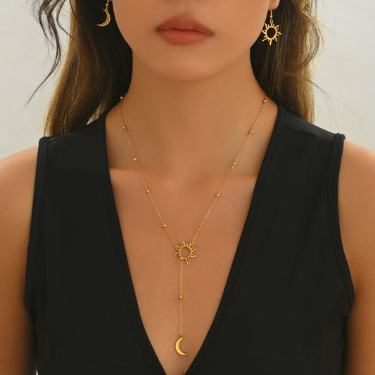 Lxalry 18K Gold Plated Stainless Steel Sun And Moon Pendant Necklace And Hoop Earrings Set For Women