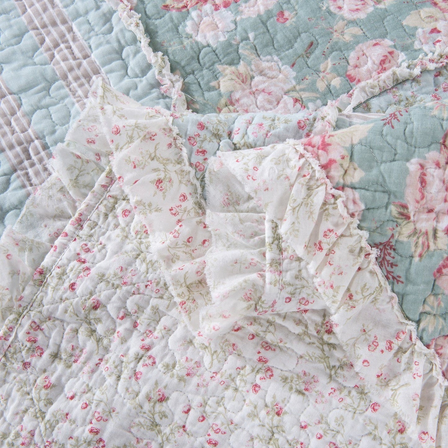 DaDa Bedding Hint of Mint Floral Pastel Cotton Patchwork Ruffle