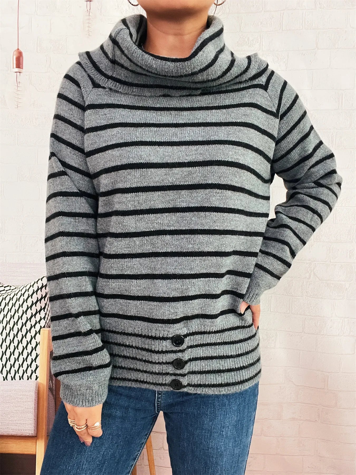Striped Turtleneck Long Sleeve Sweater