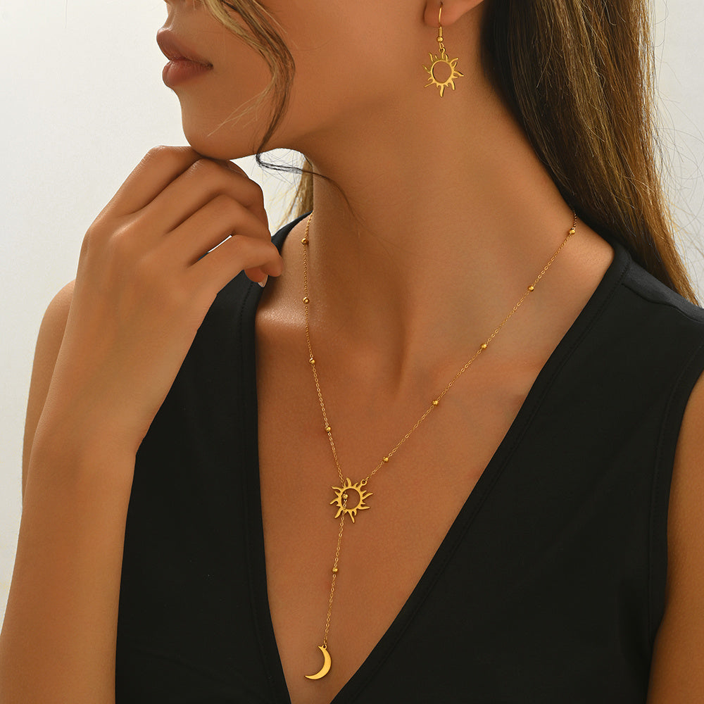Lxalry 18K Gold Plated Stainless Steel Sun And Moon Pendant Necklace And Hoop Earrings Set For Women