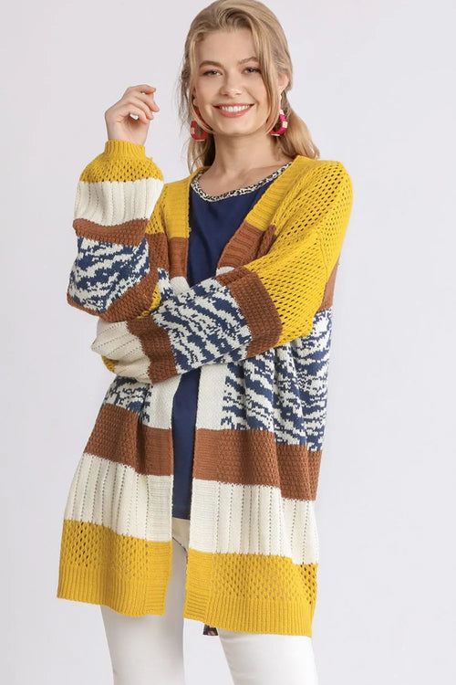 Umgee Full Size Color Block Open Front Longline Cardigan Plus Size