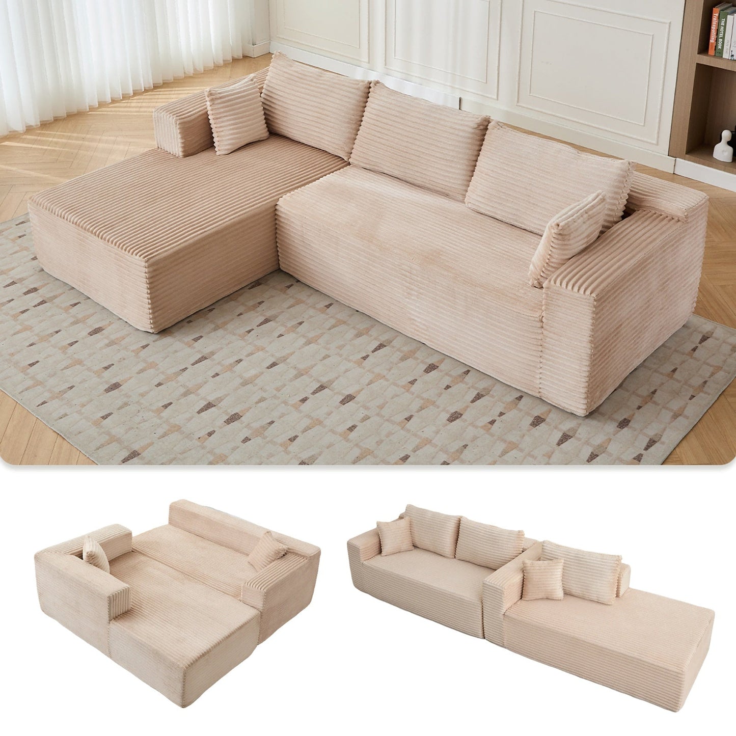 L-Shaped Compression Sofa Bed, Convertible Sectional Sofa With Pillow