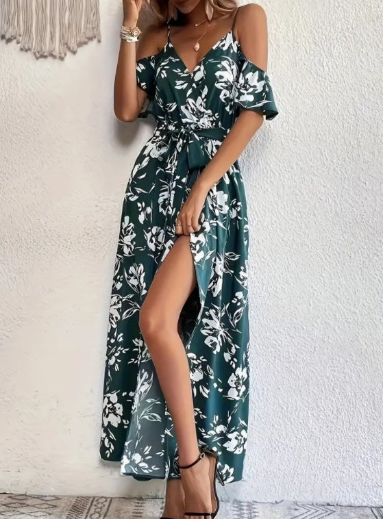 Flower Print Split Suspender Dress With Lace-up Design Summer Fashion