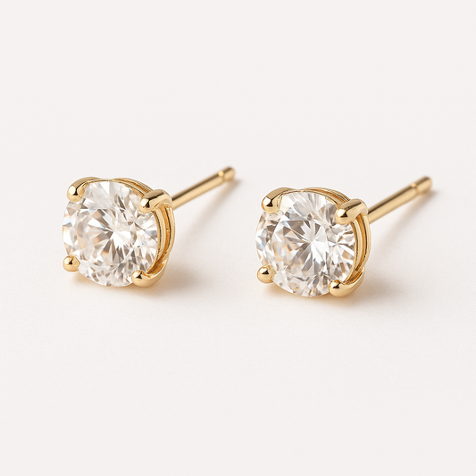 Round zirconia earrings, gold-colored brass