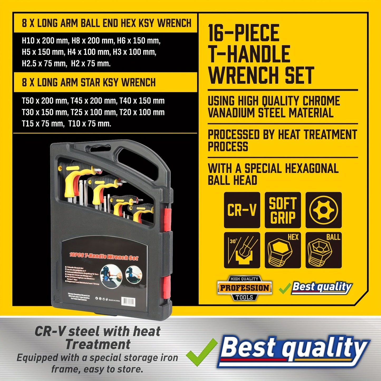 16pc Hex & Torx Wrench Set with T-Handle - Durable CR-V Steel,