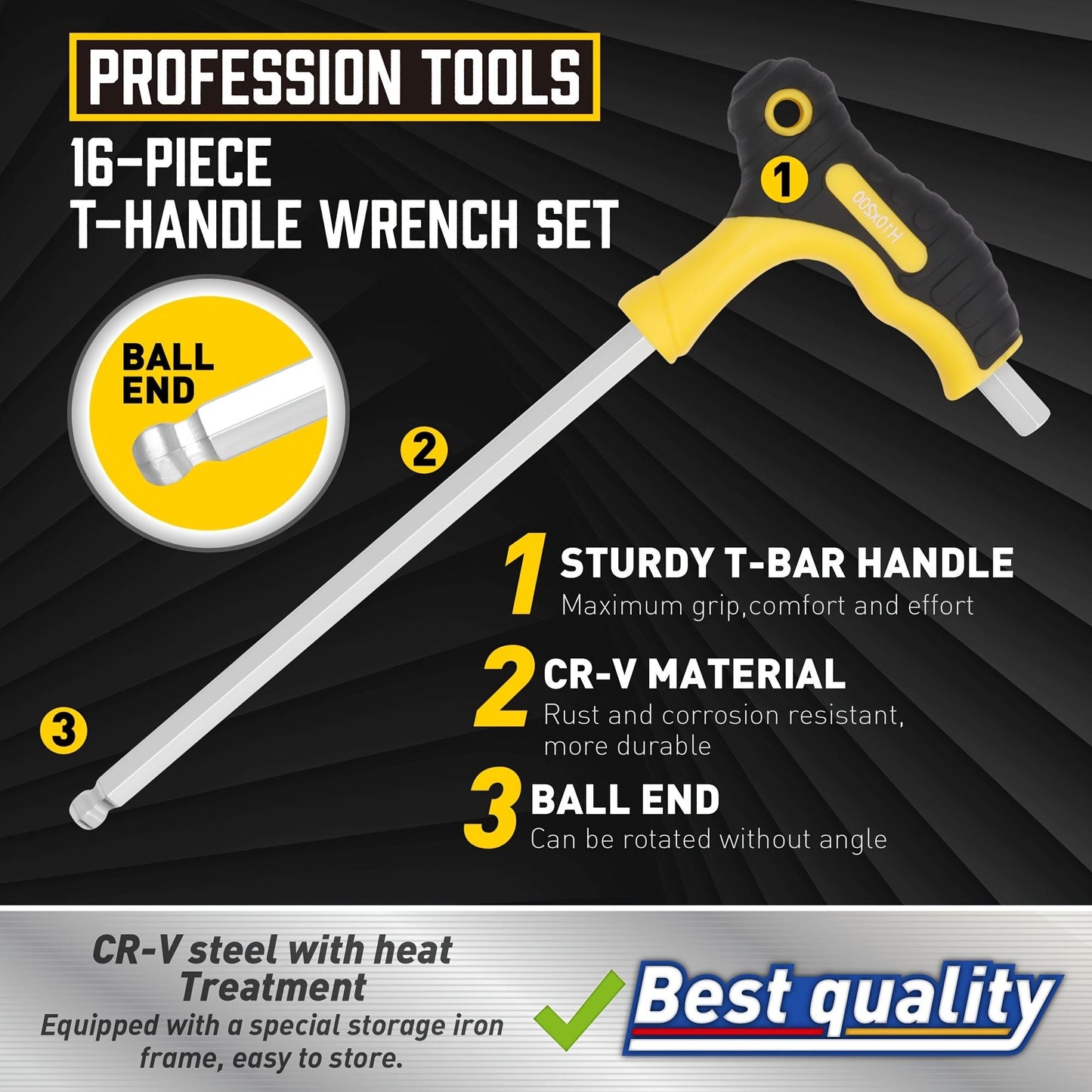 16pc Hex & Torx Wrench Set with T-Handle - Durable CR-V Steel,