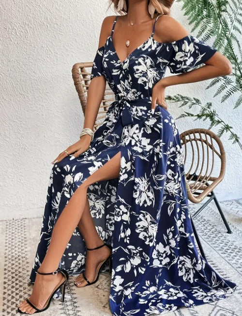 Flower Print Split Suspender Dress With Lace-up Design Summer Fashion