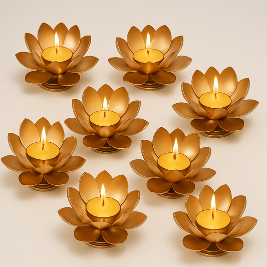 Lotus Flower Tea Light Candle Holders – Set of 8 Gold Metal Decorative