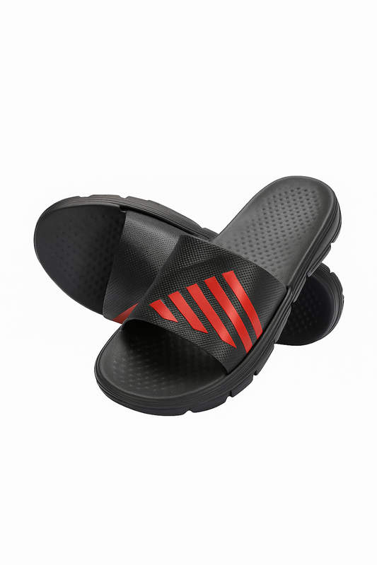 Black Slide Sandals with Red Diagonal Stripes (Size 6 UK)