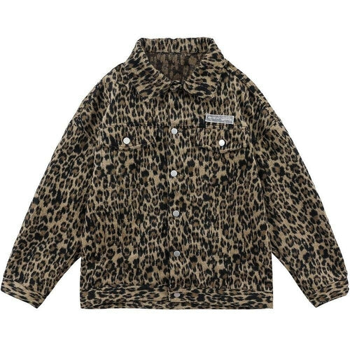Hip Hop Jacket Coat Men Furry Leopard Print Multi-Pocket Outwear Loose