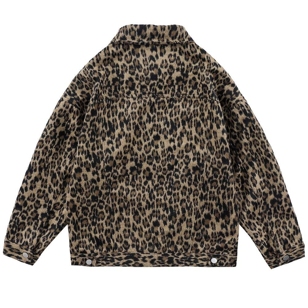 Hip Hop Jacket Coat Men Furry Leopard Print Multi-Pocket Outwear Loose