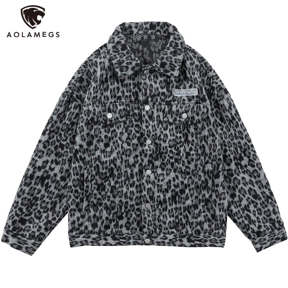 Hip Hop Jacket Coat Men Furry Leopard Print Multi-Pocket Outwear Loose