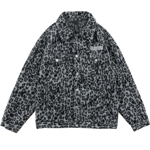 Hip Hop Jacket Coat Men Furry Leopard Print Multi-Pocket Outwear Loose