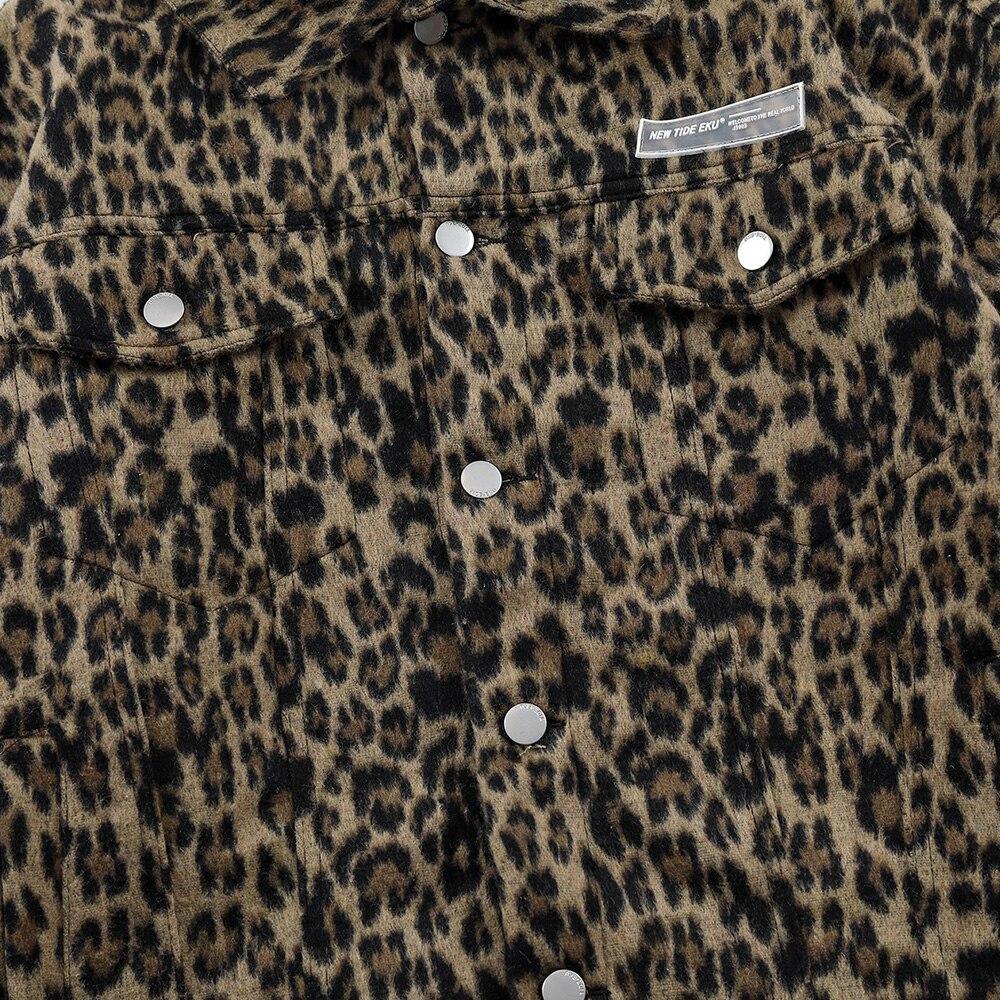 Hip Hop Jacket Coat Men Furry Leopard Print Multi-Pocket Outwear Loose