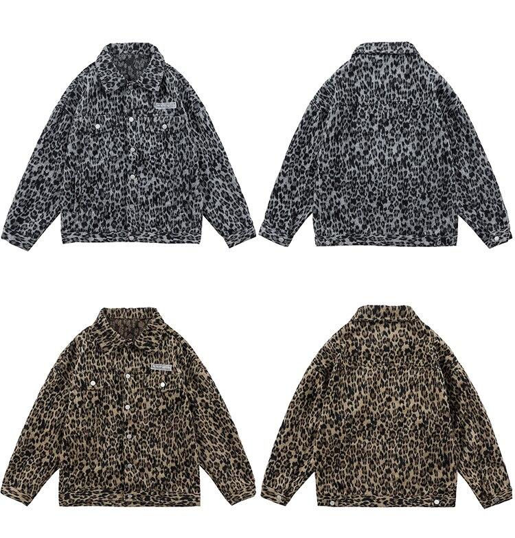Hip Hop Jacket Coat Men Furry Leopard Print Multi-Pocket Outwear Loose