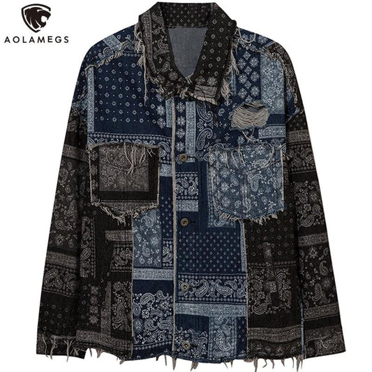 Denim Jacket Men Patch Vintage Totems Turn-down Collar Cowboy Outwear
